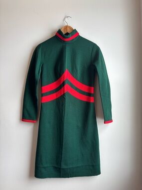 Vintage Dark Green Dress with Red Stripe Accents